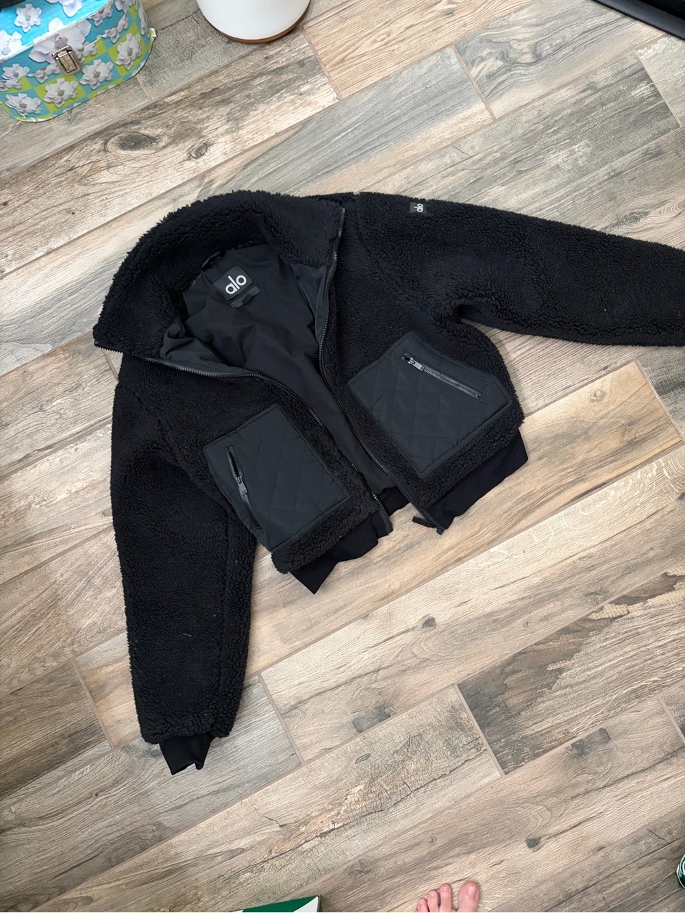 ALO Yoga Black Sherpa Bomber Jacket with Quilted Pockets